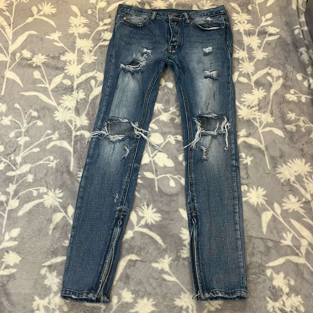 MNMLJeans - blue Skinny Ankle Zipper /torn / distressed/ button fly Size 31